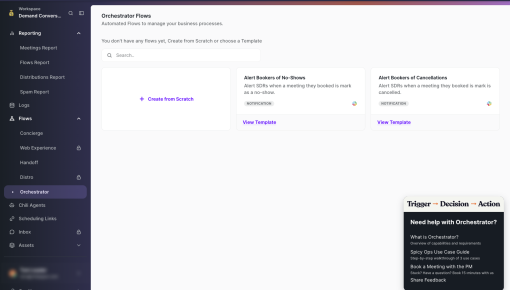 Chili Piper's flow builder with a dark Launcher card open in the bottom-right corner, showing a 'Need help with Orchestrator?' menu with four resource links
