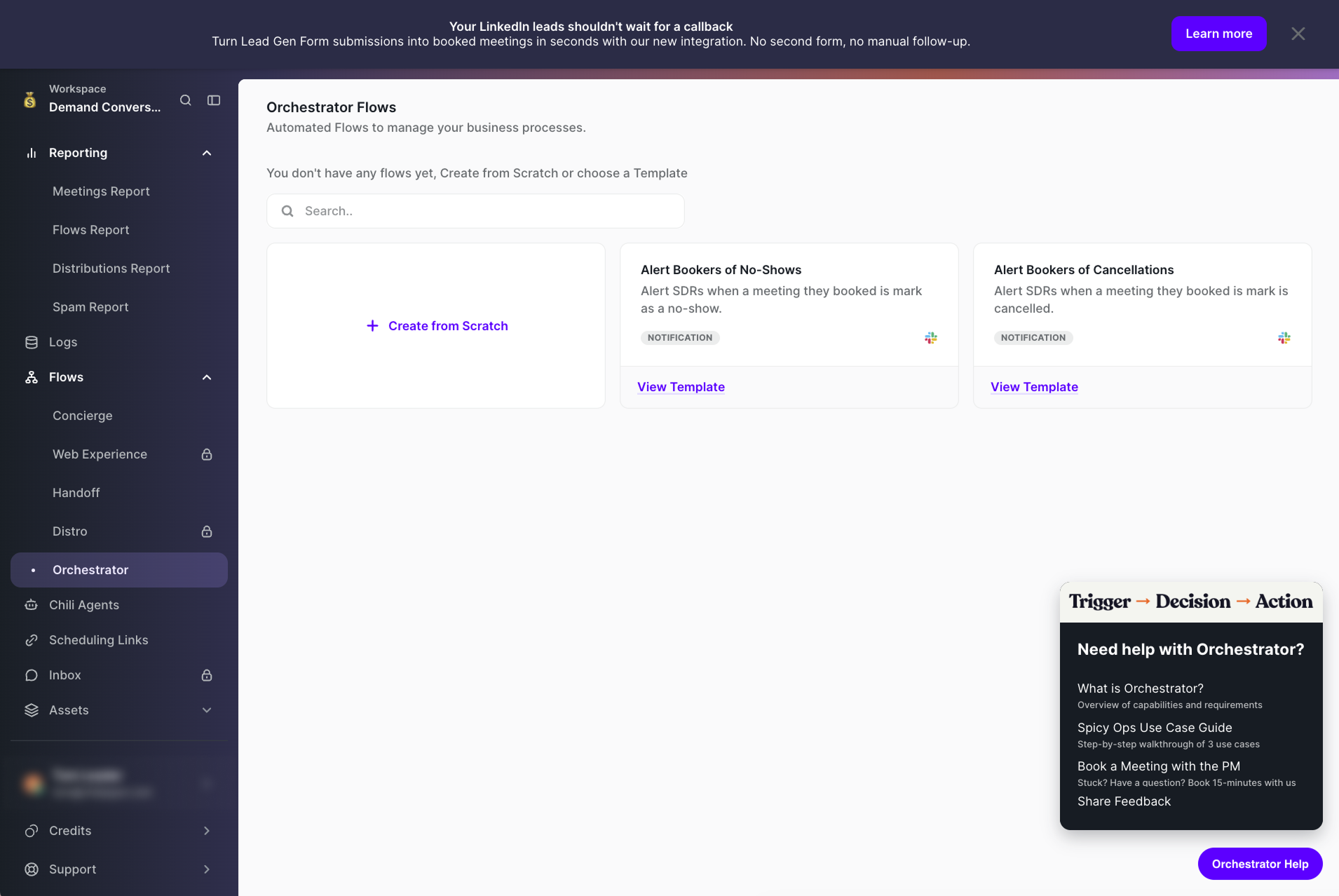 Chili Piper's flow builder with a dark Launcher card open in the bottom-right corner, showing a 'Need help with Orchestrator?' menu with four resource links