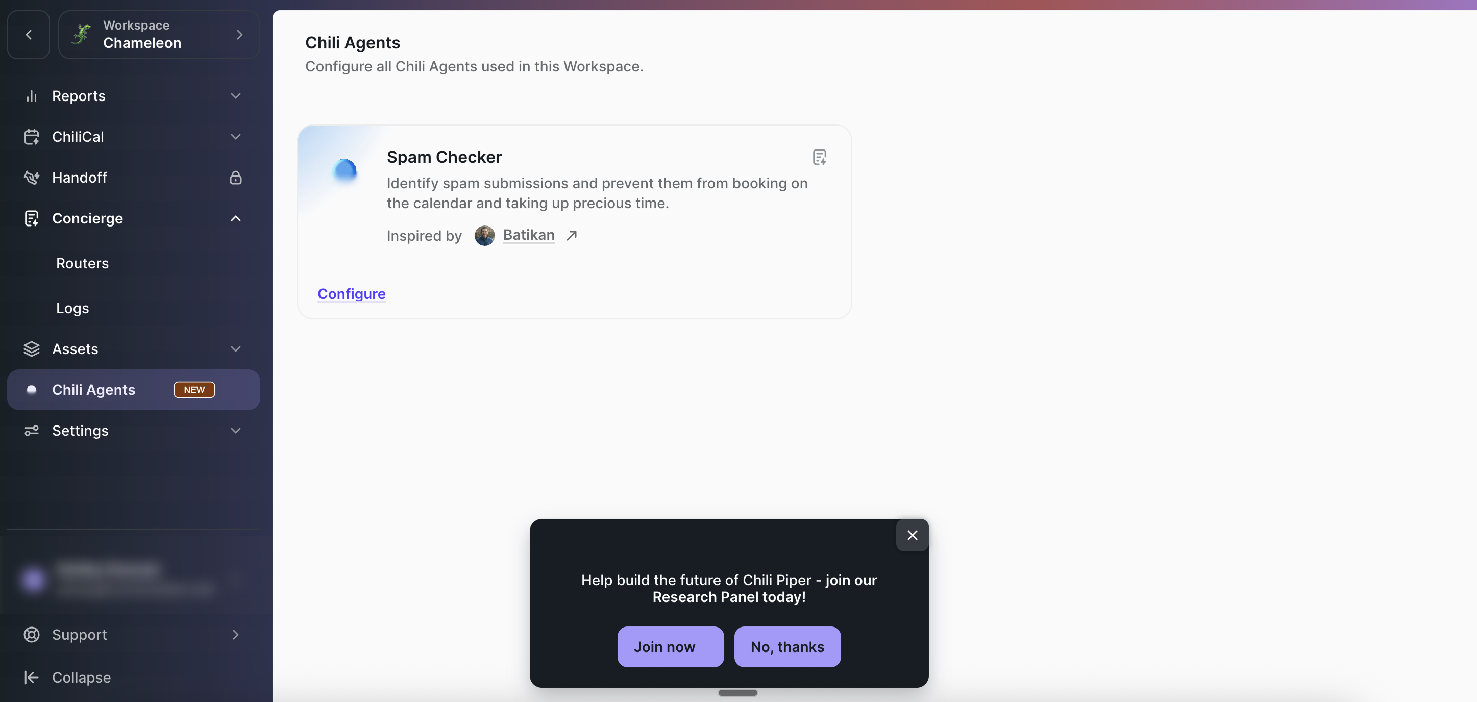 A dark modal in Chili Piper's product inviting users to join a research panel, with 