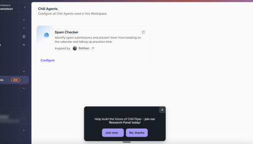 A dark modal in Chili Piper's product inviting users to join a research panel, with 