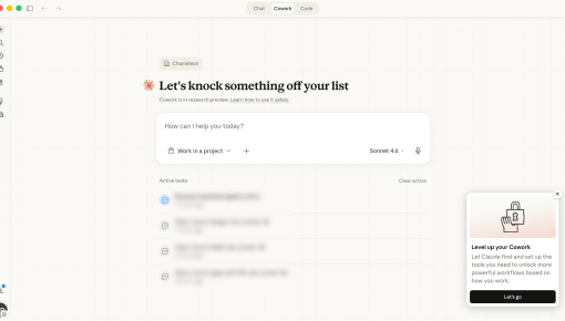 A small modal appears in the bottom-right corner of the Cowork home screen, prompting users who haven't connected any tools to kick off a guided setup process. The card shows a padlock illustration and a 'Let's go' CTA button.