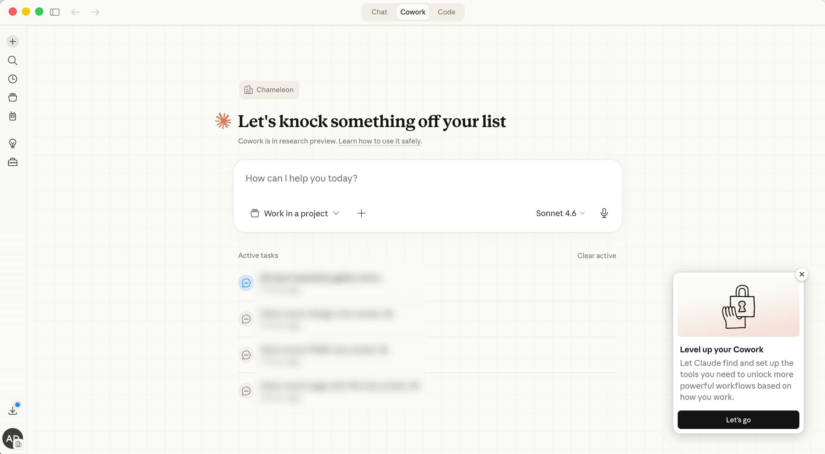 A small modal appears in the bottom-right corner of the Cowork home screen, prompting users who haven't connected any tools to kick off a guided setup process. The card shows a padlock illustration and a 'Let's go' CTA button.