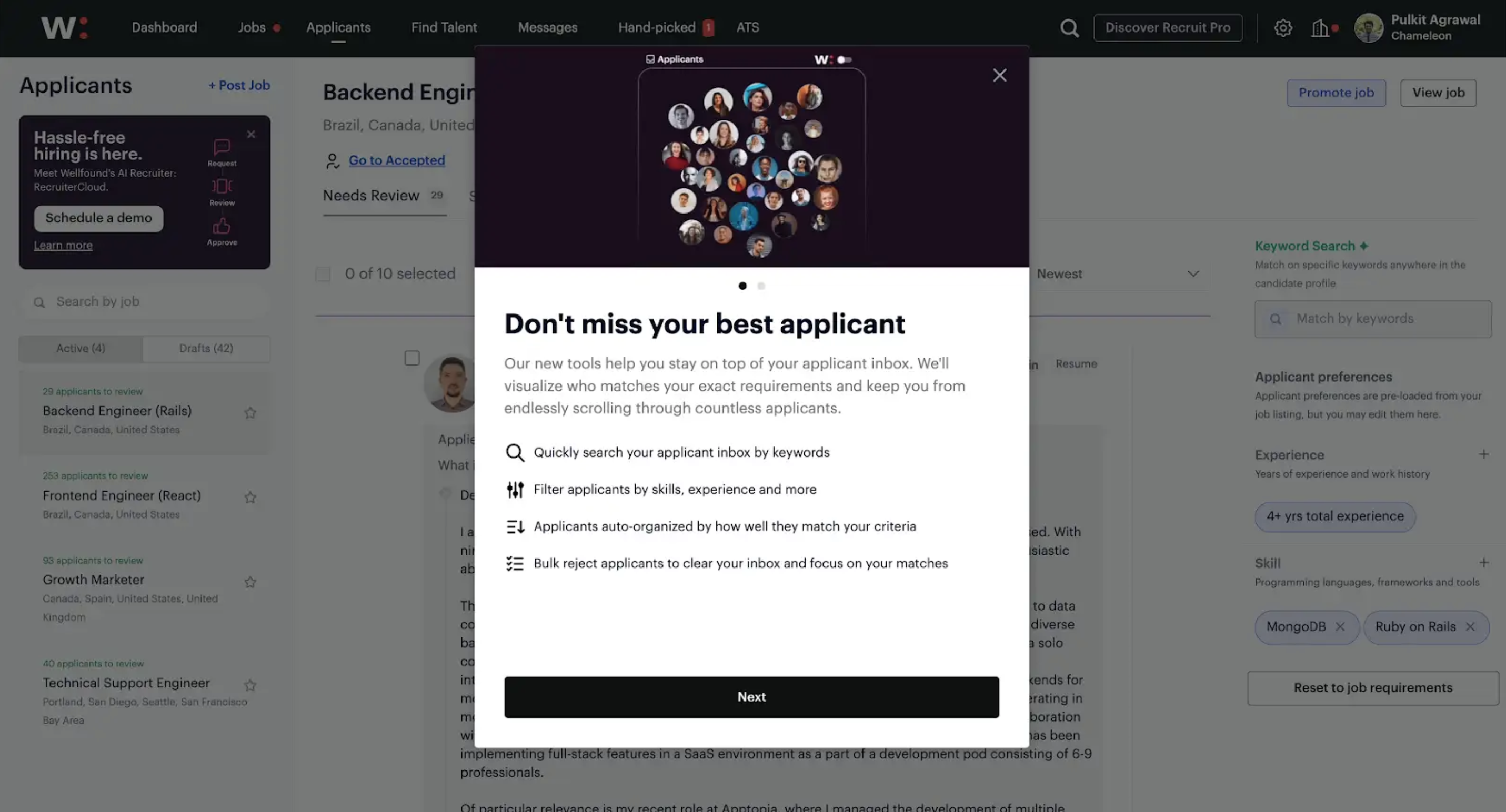 A step in a product tour on Wellfound's applicant tracking interface, introducing new inbox tools under the headline 'Don't miss your best applicant' with four feature bullets and a Next button.