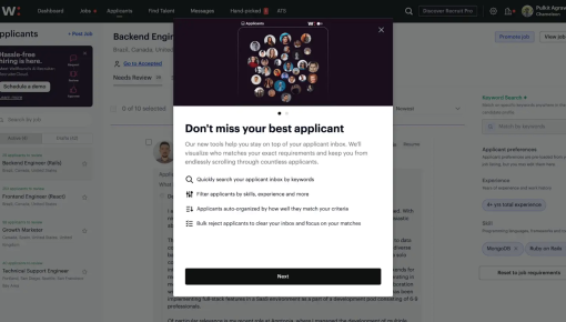 A step in a product tour on Wellfound's applicant tracking interface, introducing new inbox tools under the headline 'Don't miss your best applicant' with four feature bullets and a Next button.