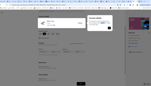A tooltip on Uber's voucher creation form recommending a voucher type, with a link to explore alternatives.