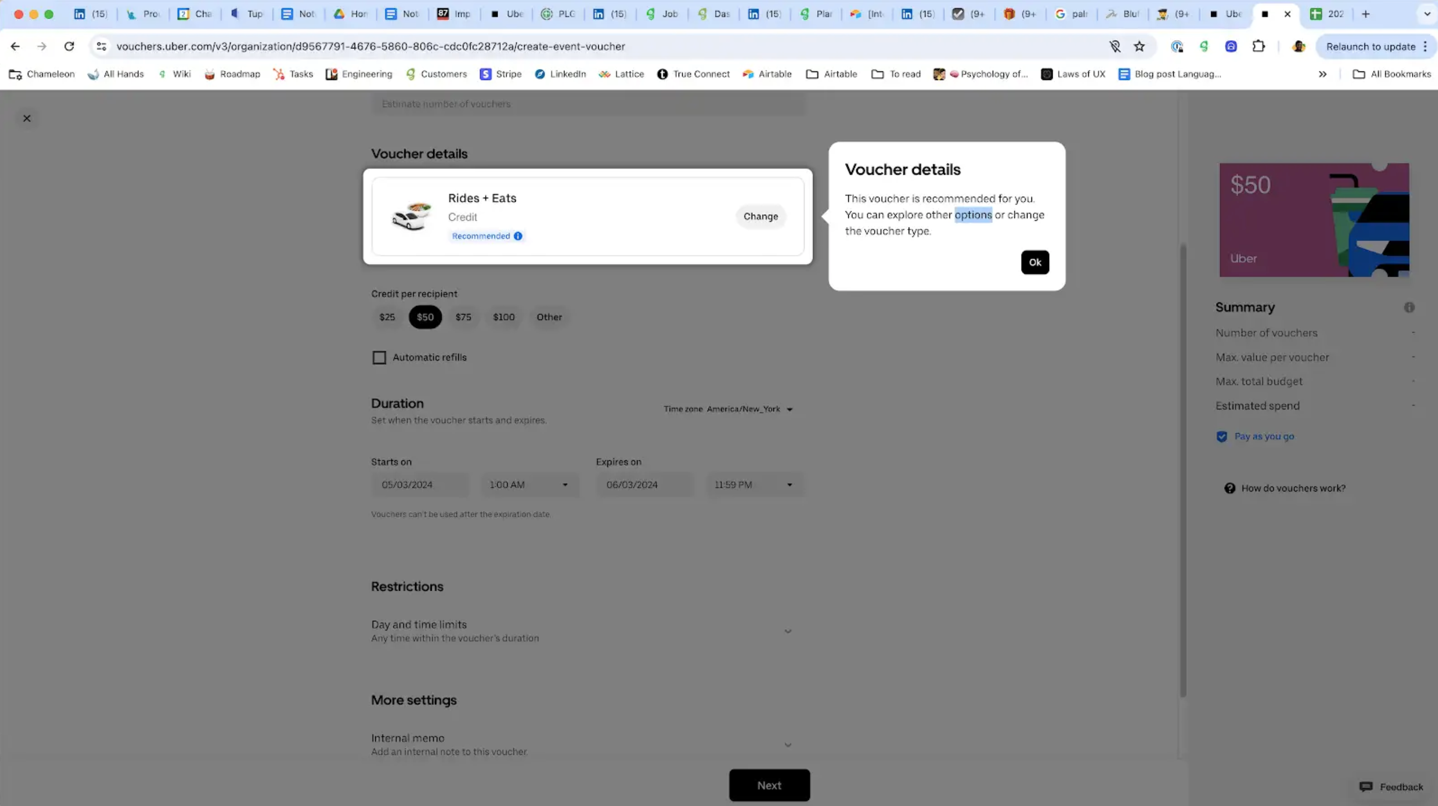 A tooltip on Uber's voucher creation form recommending a voucher type, with a link to explore alternatives.