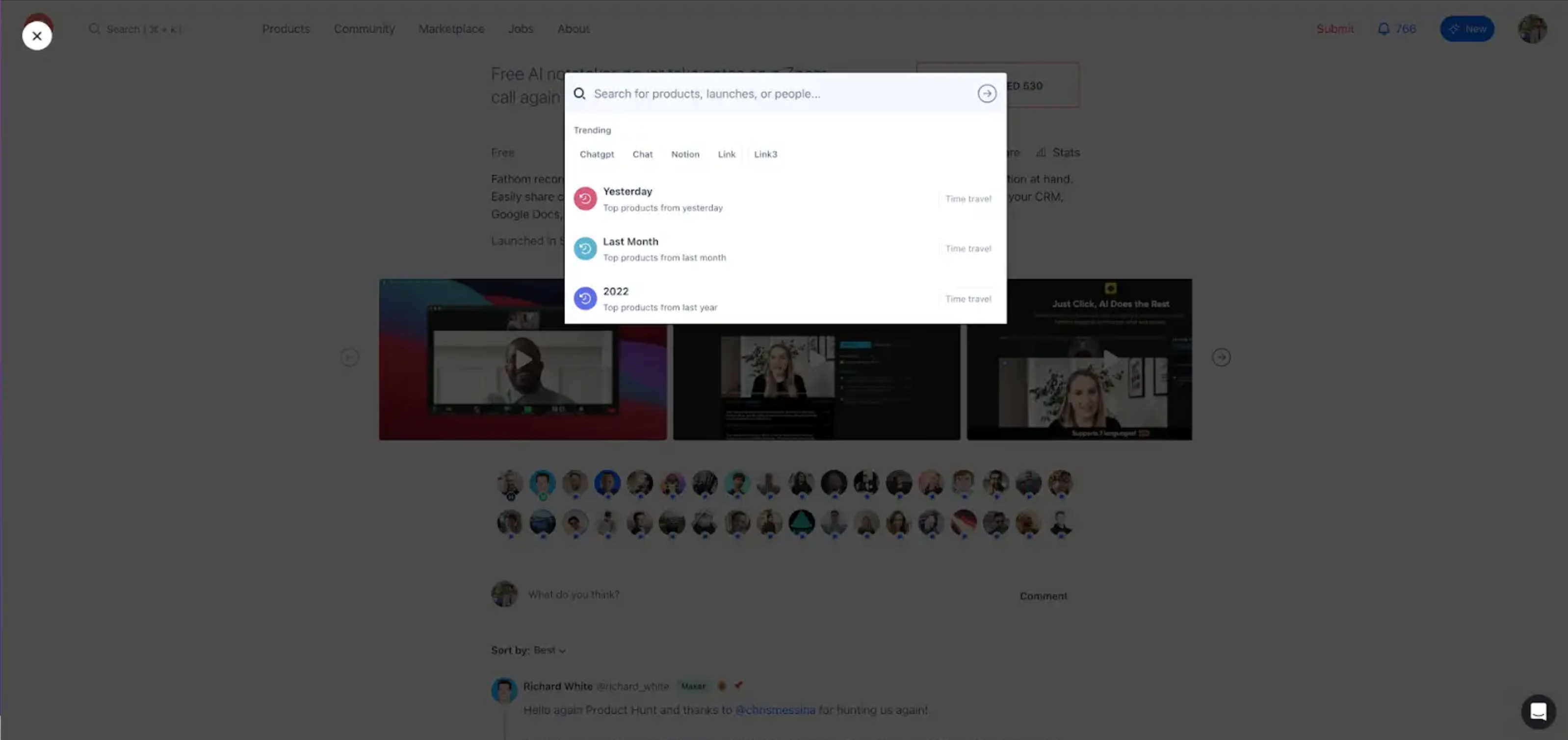 The Product Hunt search palette open over a product listing page, showing trending topics and time-based browsing options.