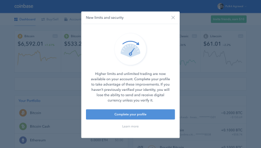 coinbase user setup modal