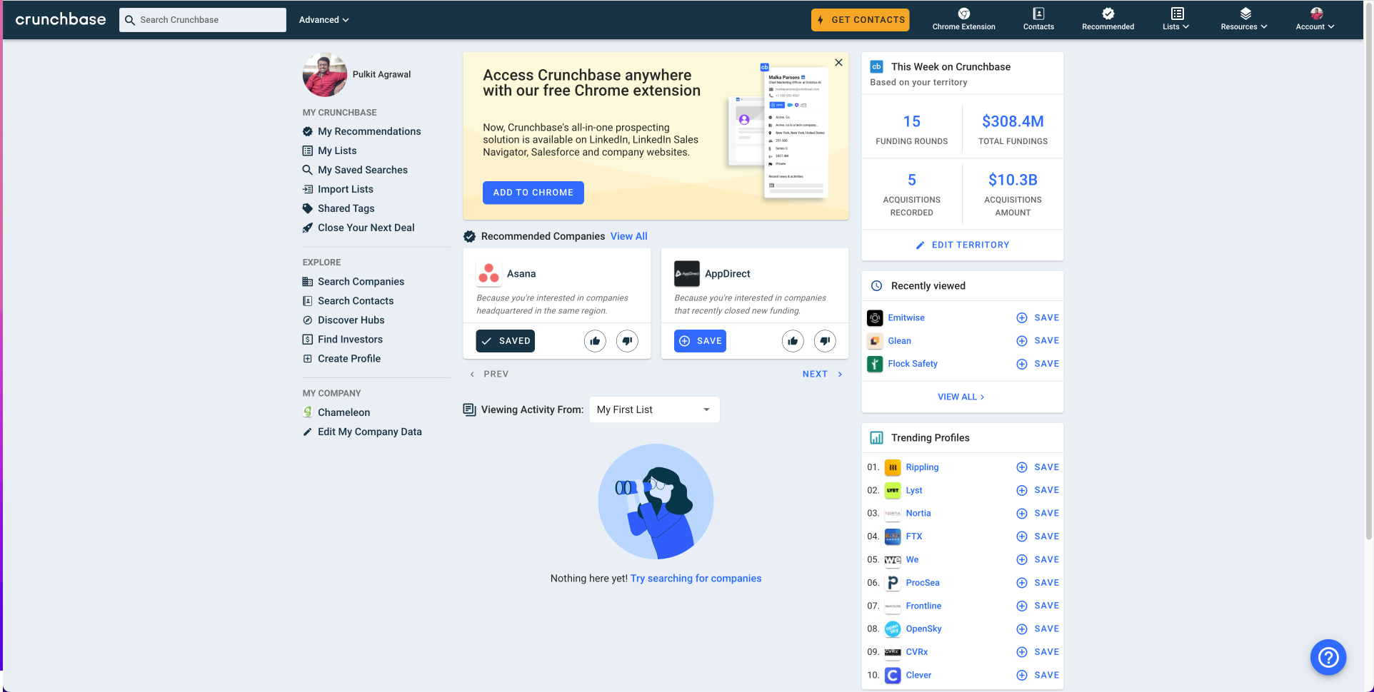 A Crunchbase in-product banner announcing cross-platform availability via a browser extension.