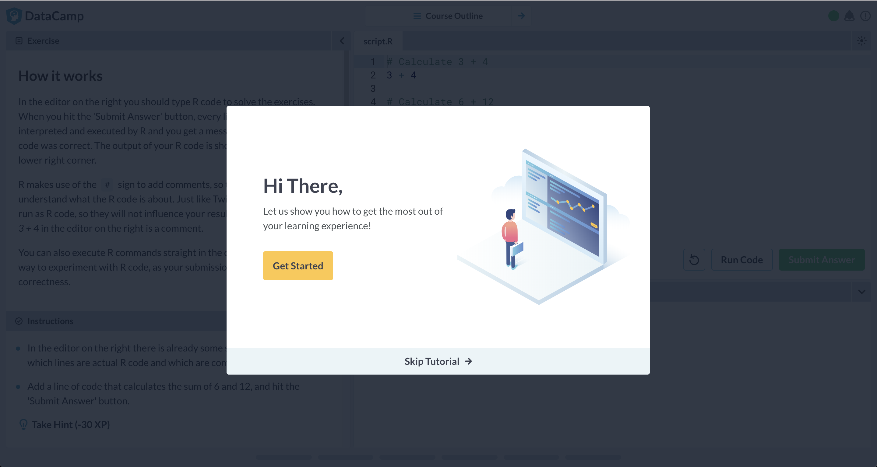 An onboarding welcome modal on DataCamp's code learning interface, greeting new users and offering a 'Get Started' CTA to begin the tutorial.