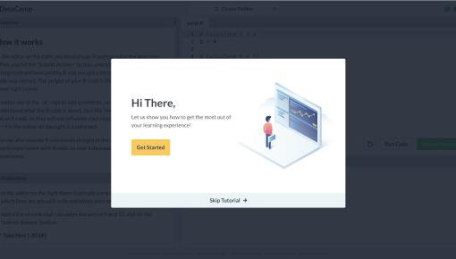 An onboarding welcome modal on DataCamp's code learning interface, greeting new users and offering a 'Get Started' CTA to begin the tutorial.