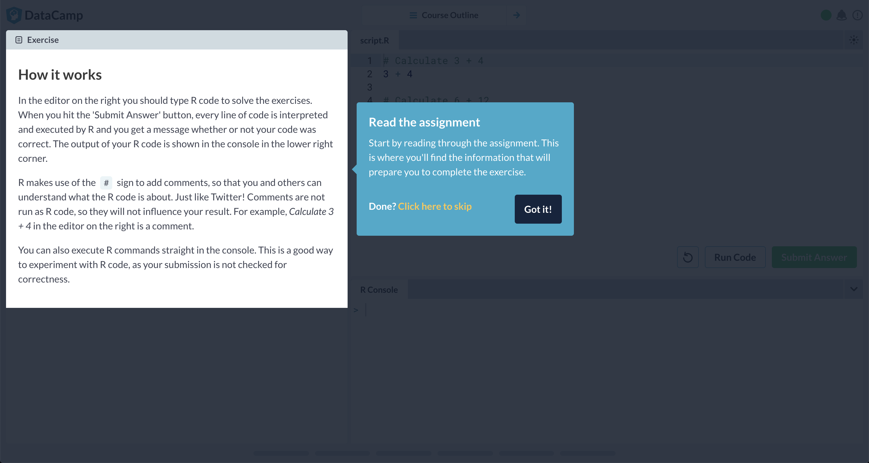 A DataCamp onboarding tooltip directing new users to read the exercise assignment before starting, with a skip option.