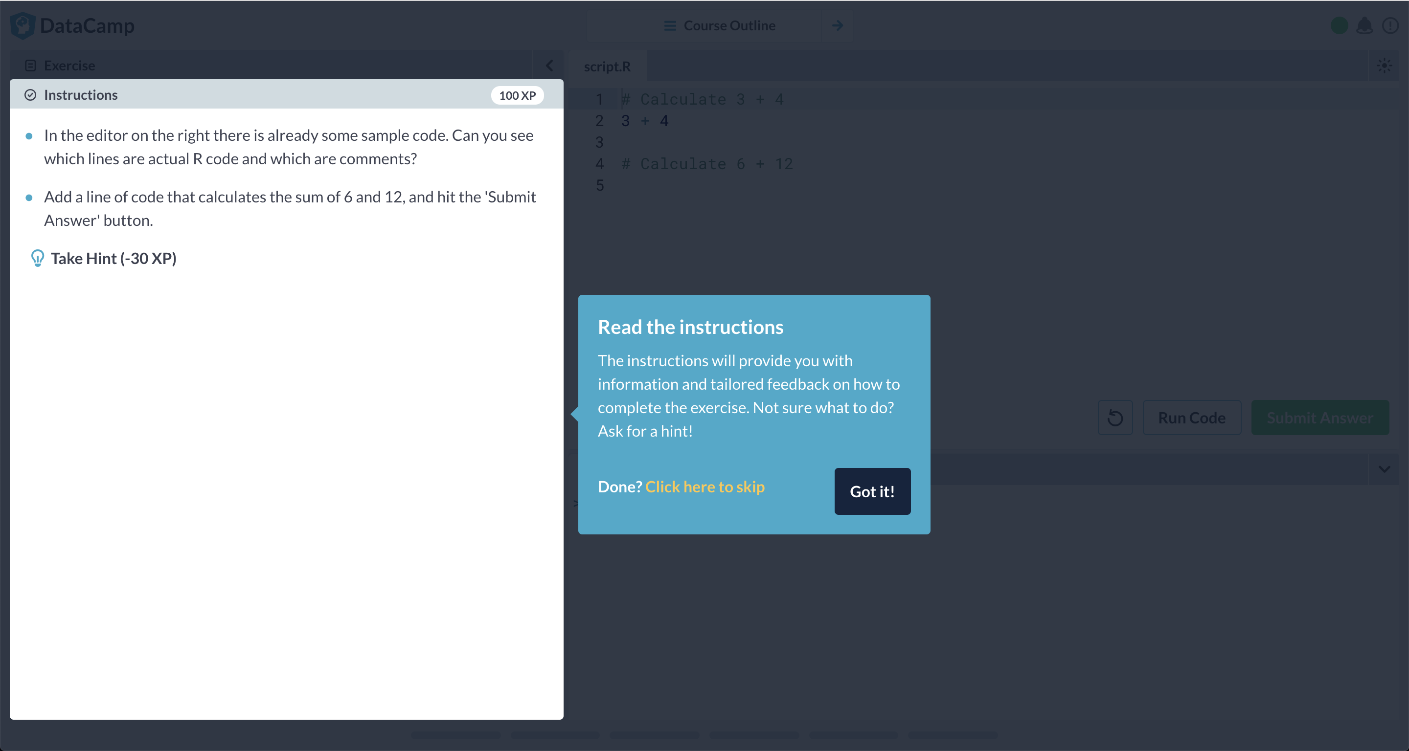 A DataCamp onboarding step directing new users to read the exercise instructions.