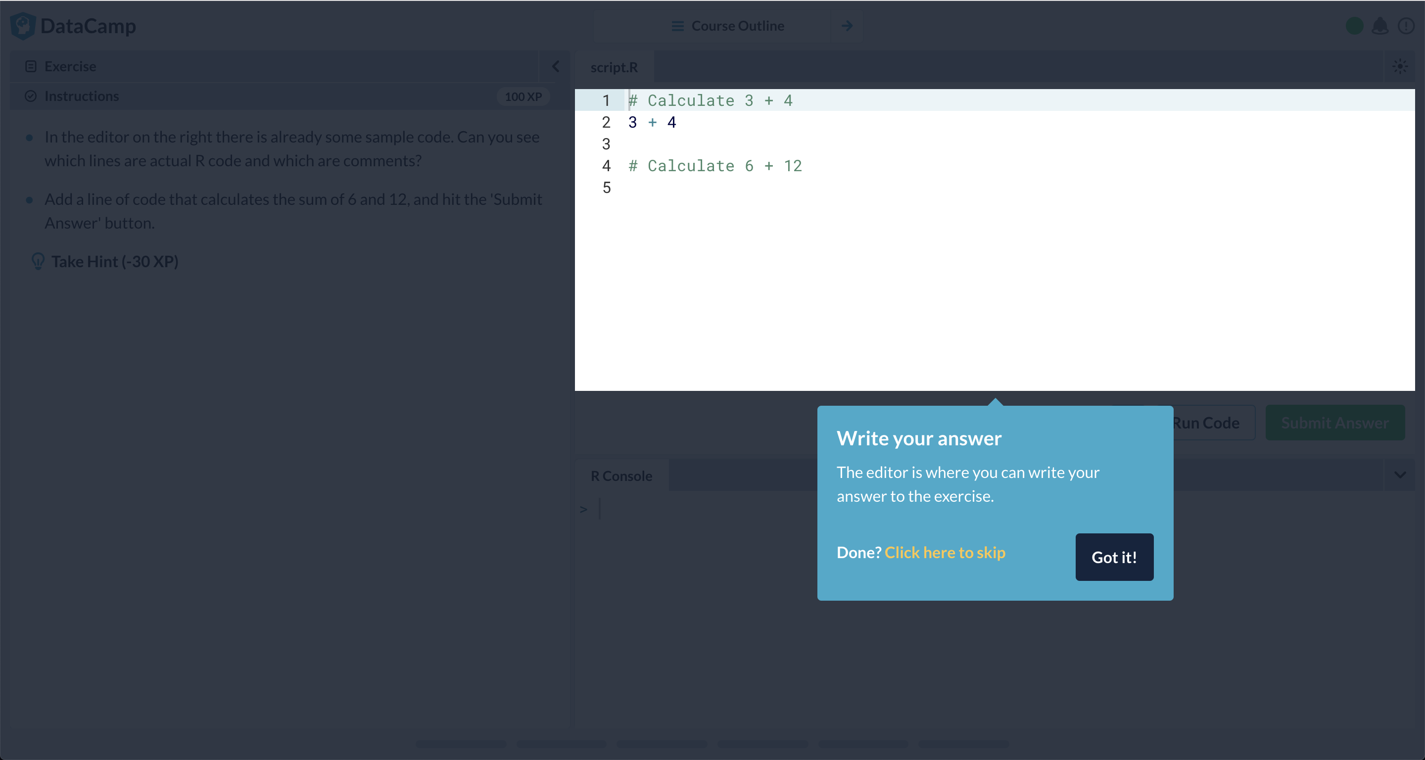A DataCamp onboarding tour step introducing the code editor as the place to write exercise answers.