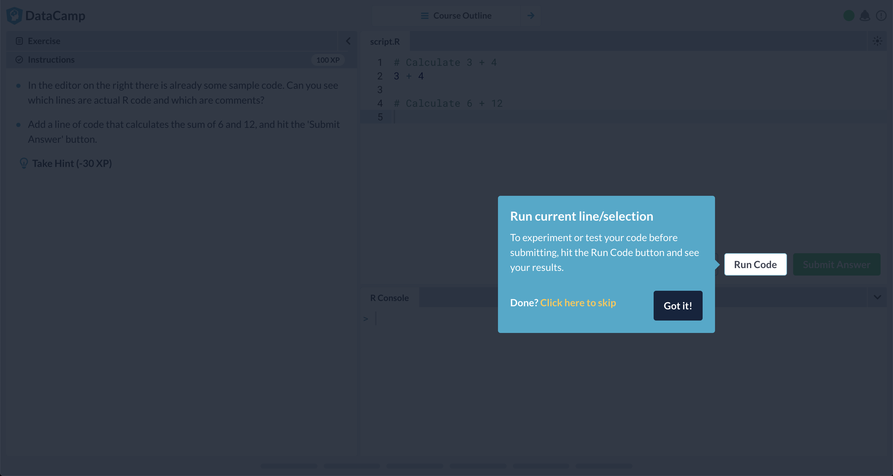A DataCamp onboarding tour step guiding users to run code before submitting an exercise.