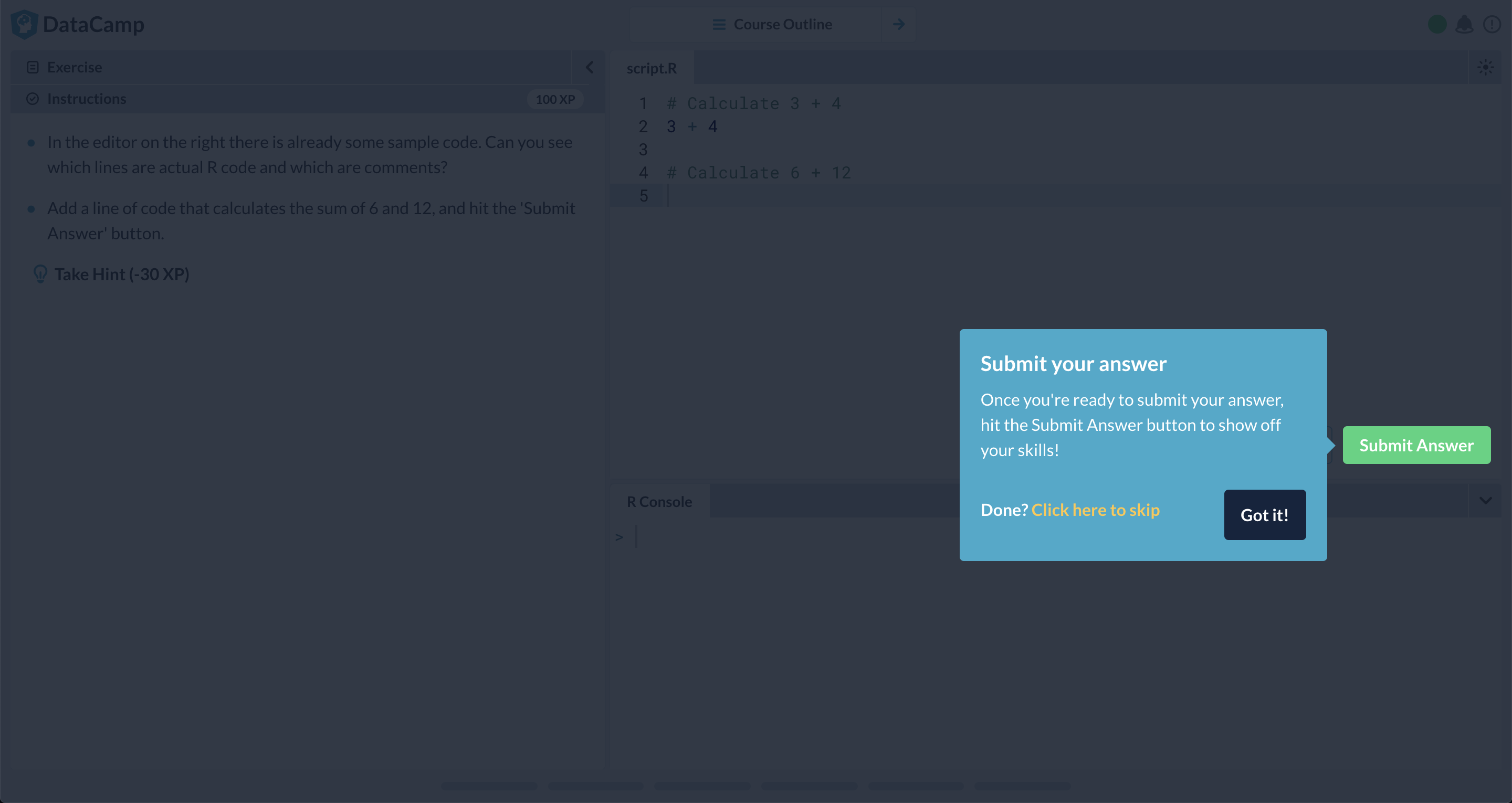 A DataCamp onboarding tour step guiding users to submit their answer, with a callout anchored to the Submit Answer button.