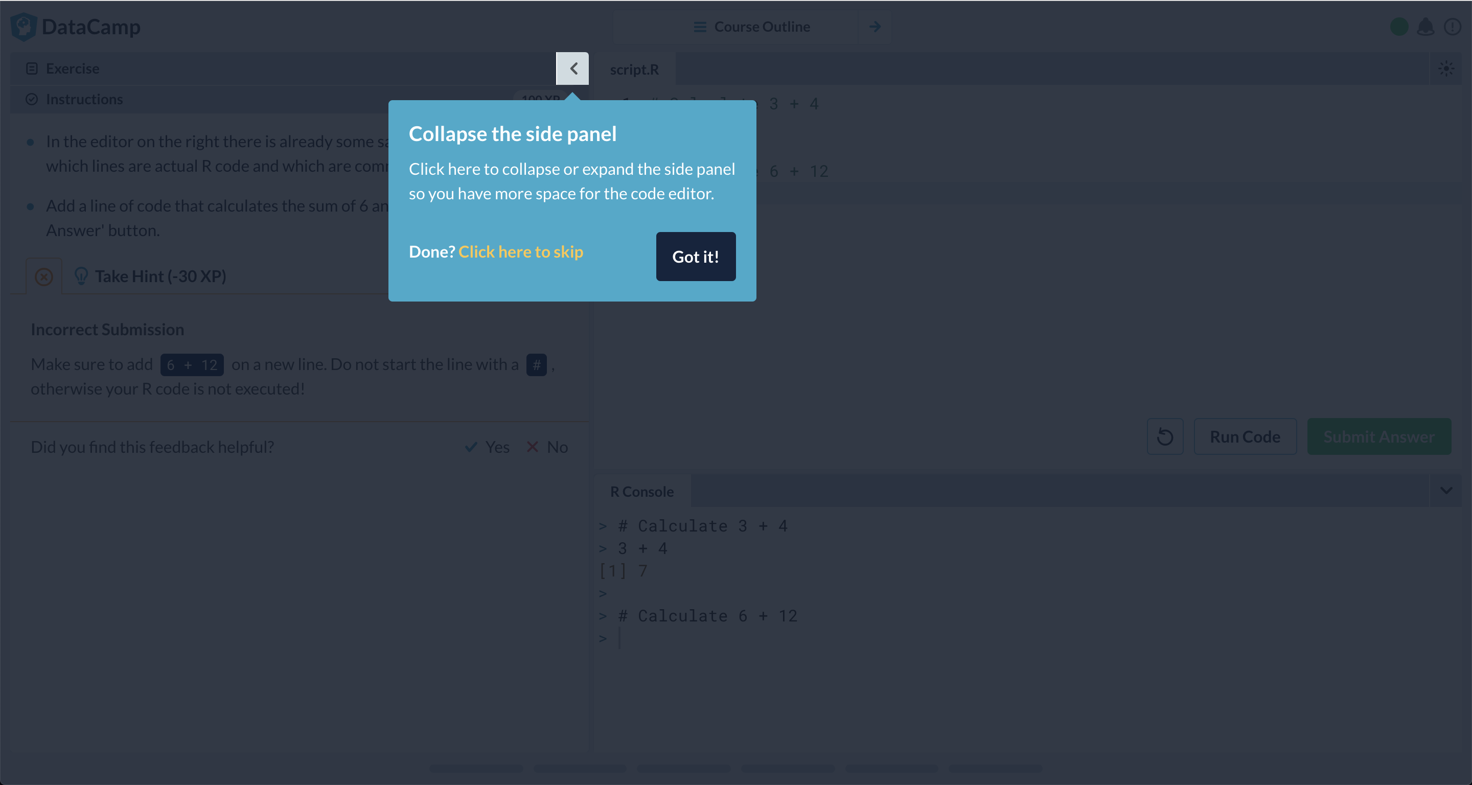 A tooltip on DataCamp's course interface guiding users to adjust the layout.