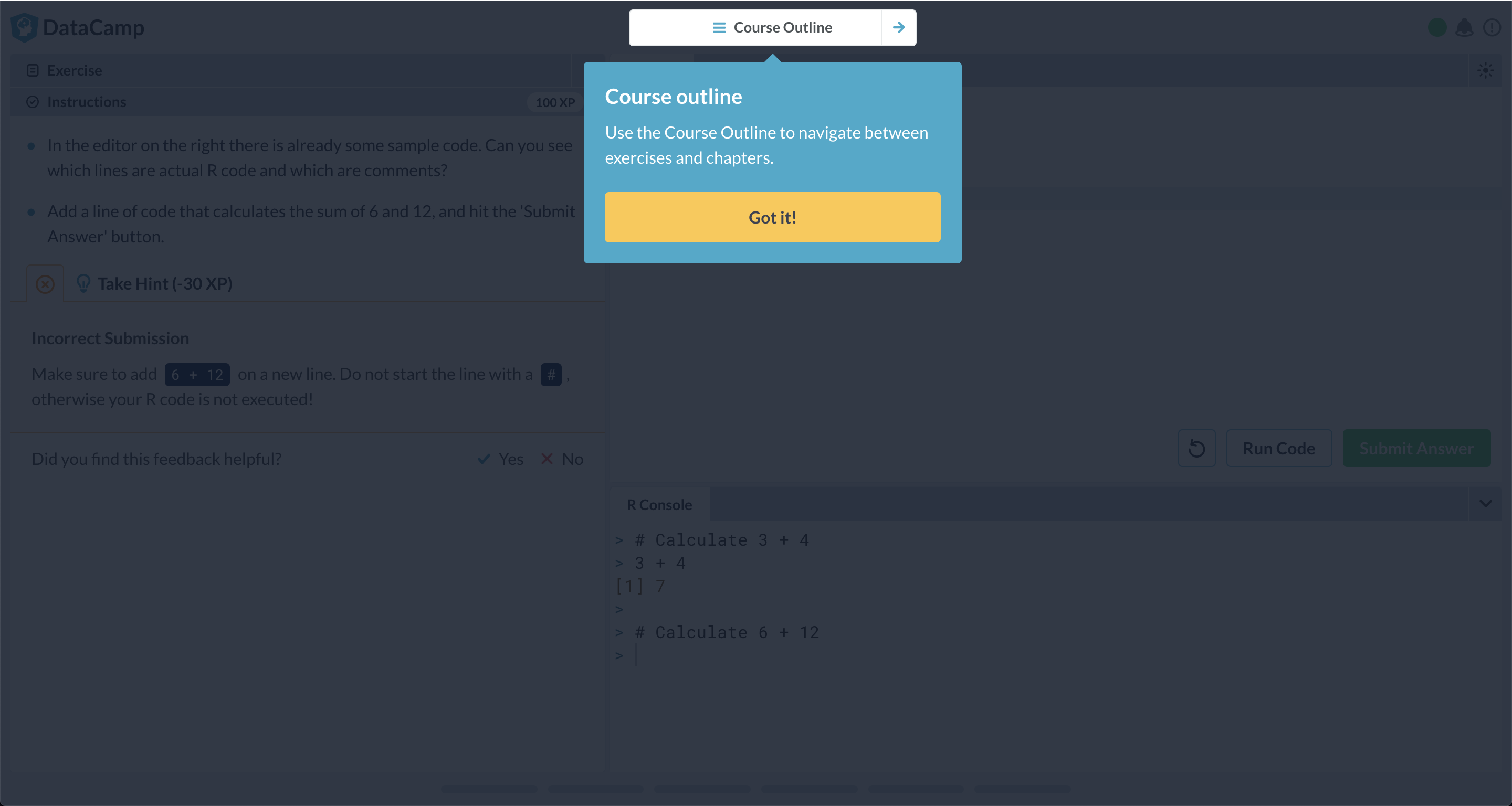 A tooltip on DataCamp's course interface guiding users to use the course navigation.