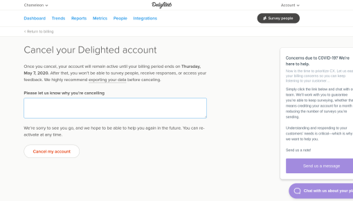 Delighted's account cancellation page with a persistent COVID-19 retention message panel offering account credits or survey reductions, alongside the cancellation form with an empty reason field.