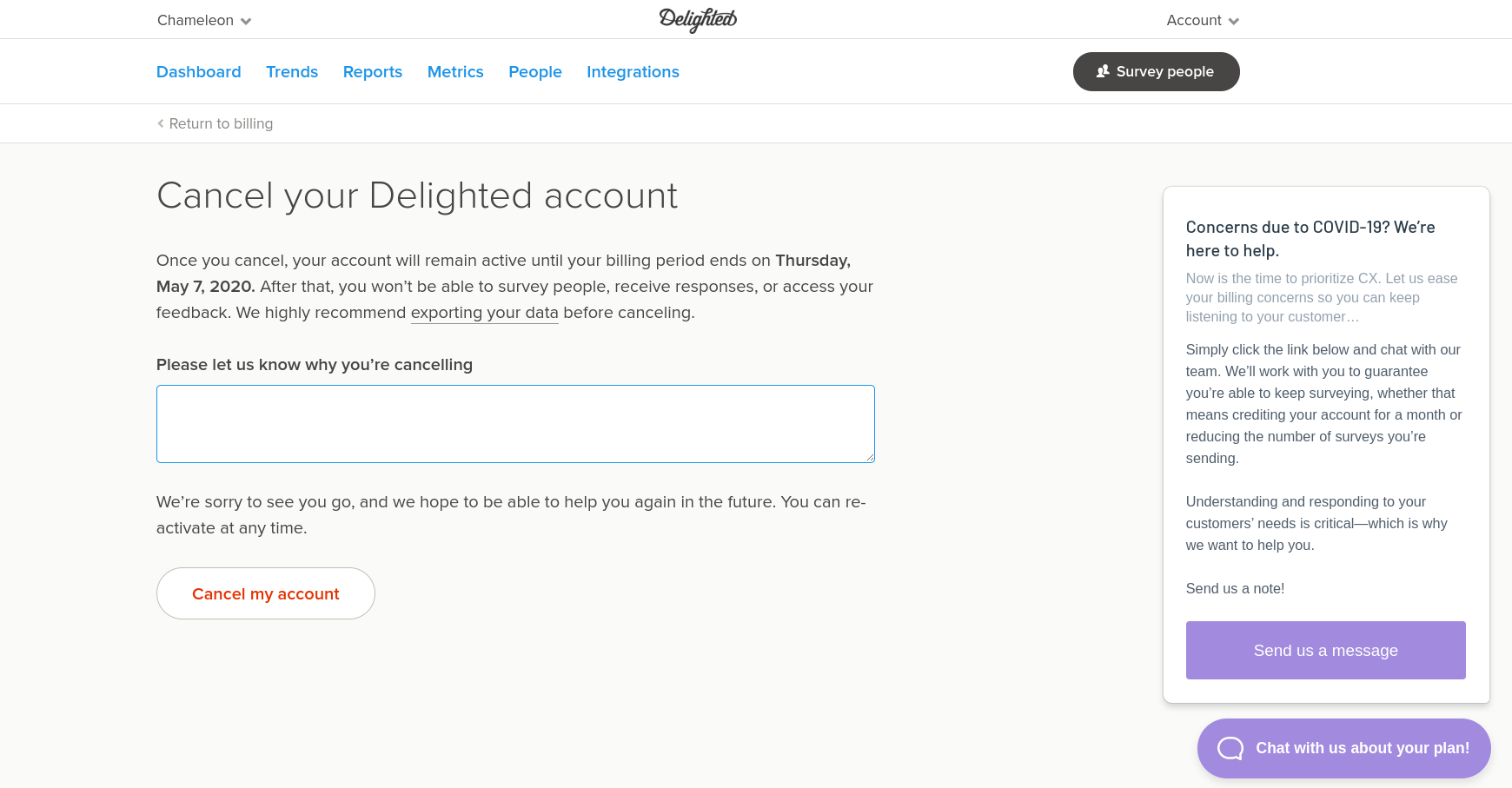 Delighted's account cancellation page with a persistent COVID-19 retention message panel offering account credits or survey reductions, alongside the cancellation form with an empty reason field.