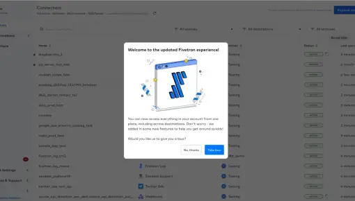 A modal from Fivetran announcing new features with an option for users to take a guided tour or opt-out