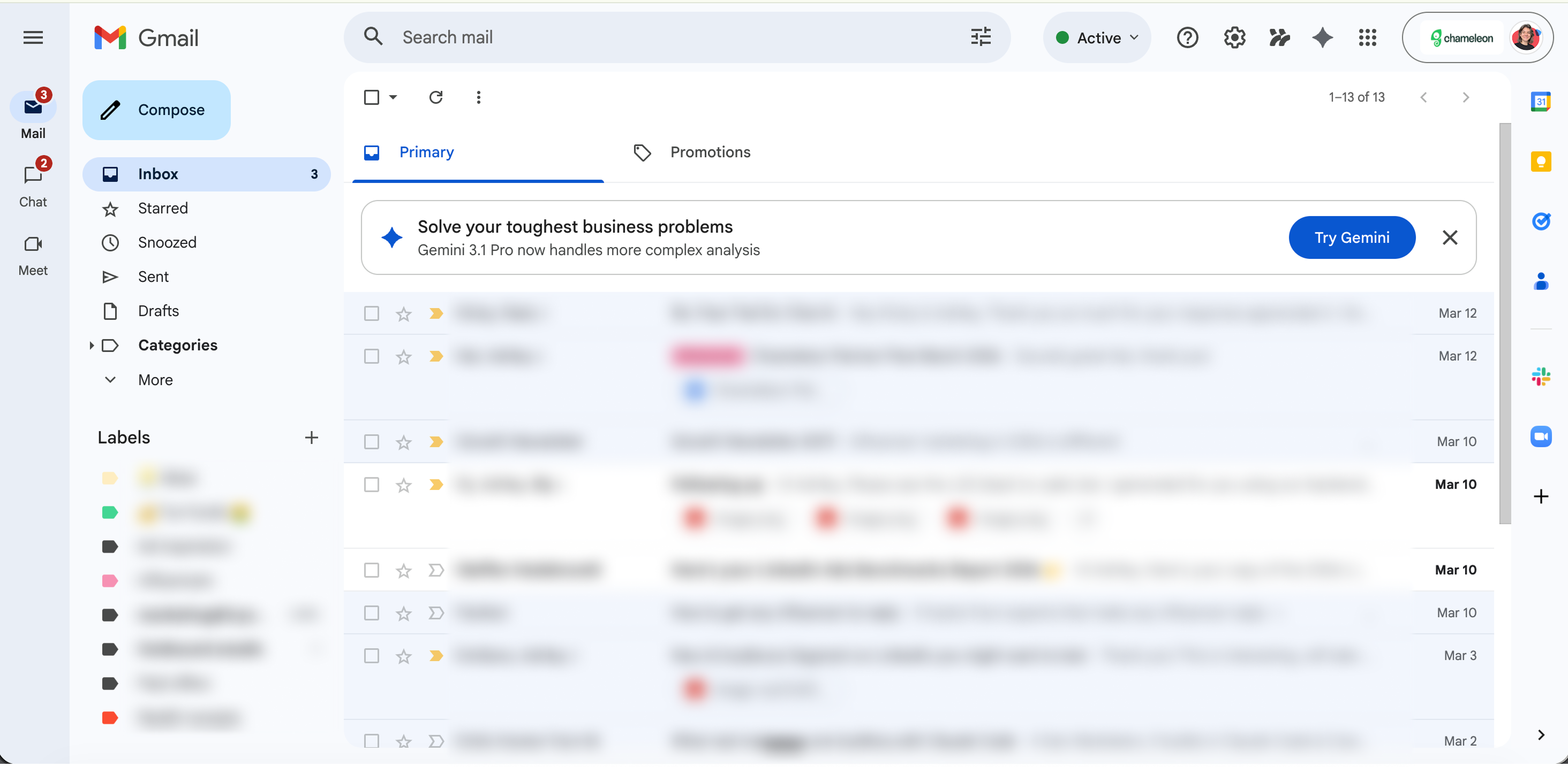 Gmail inbox view showing an embedded promotional card at the top of the email list, promoting a newer version of a product feature