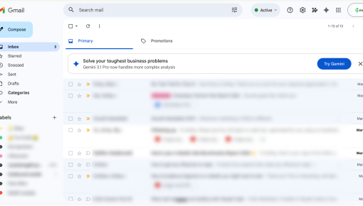 Gmail inbox view showing an embedded promotional card at the top of the email list, promoting a newer version of a product feature