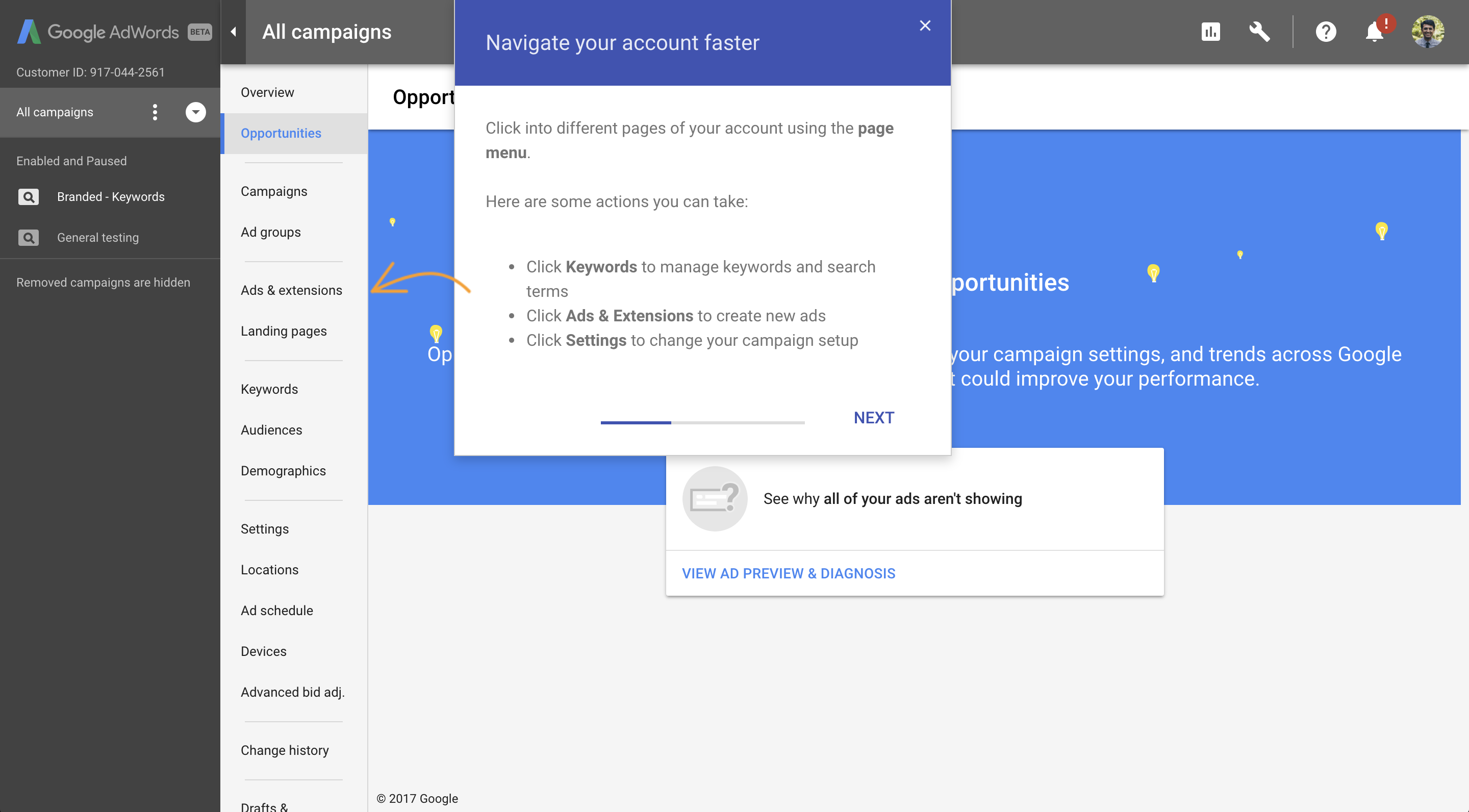 A step in a Google AdWords onboarding product tour guiding users through account navigation options.