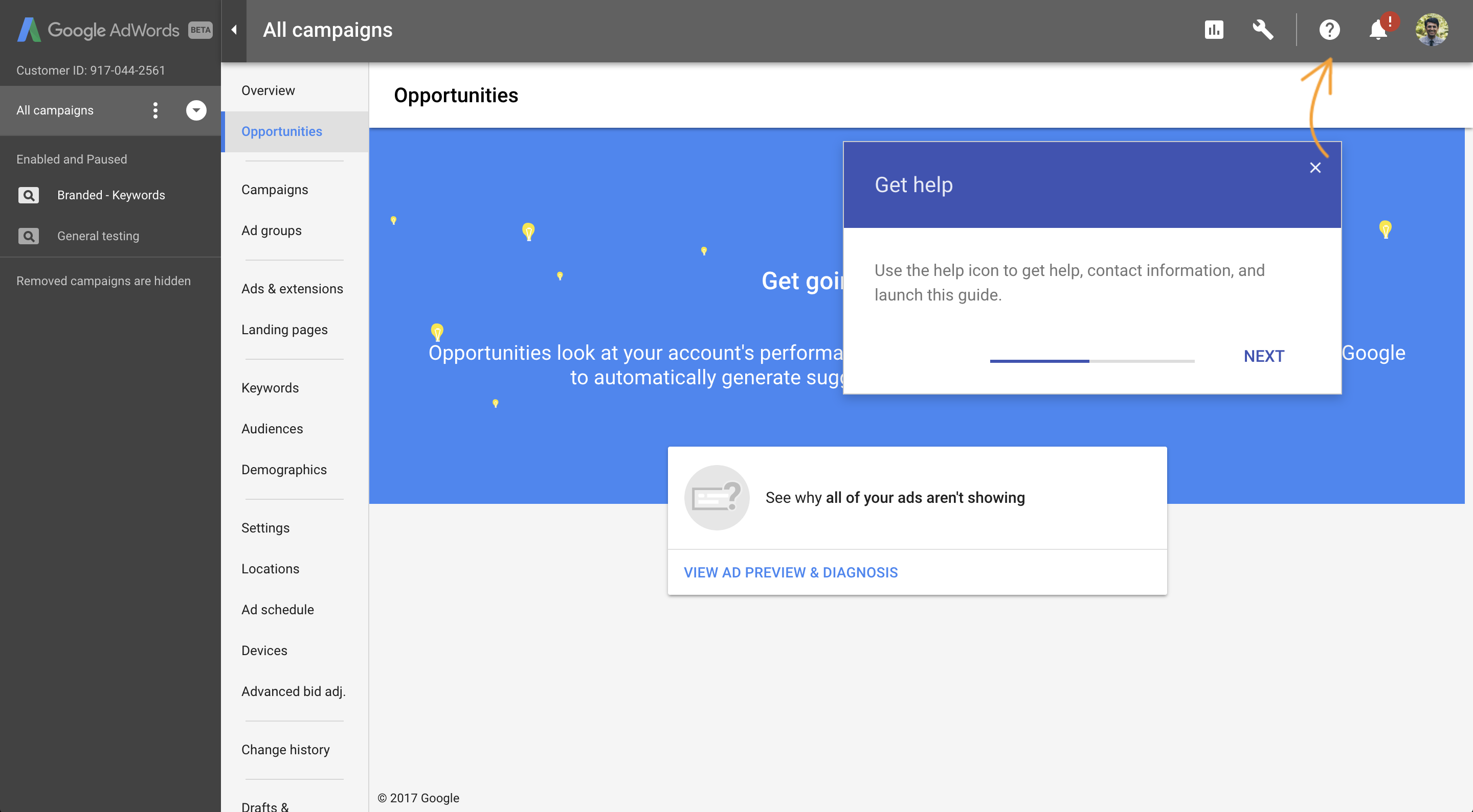 A step in a Google AdWords onboarding tour introducing the help function.