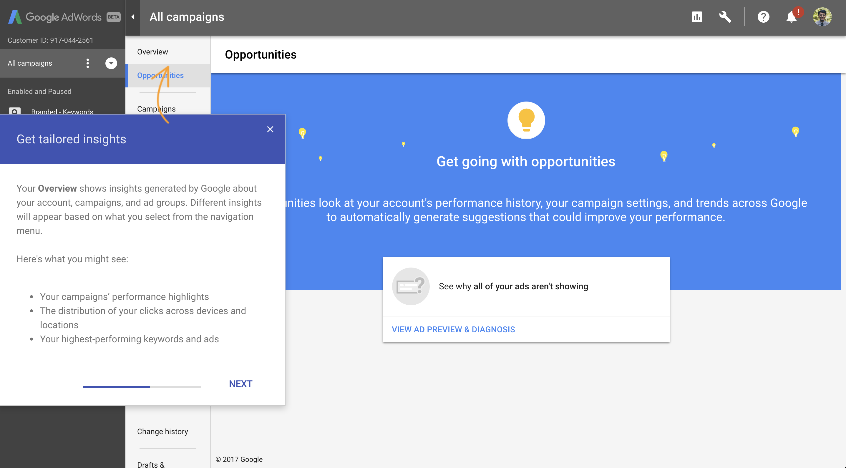A step in a Google AdWords onboarding tour introducing account performance insights.