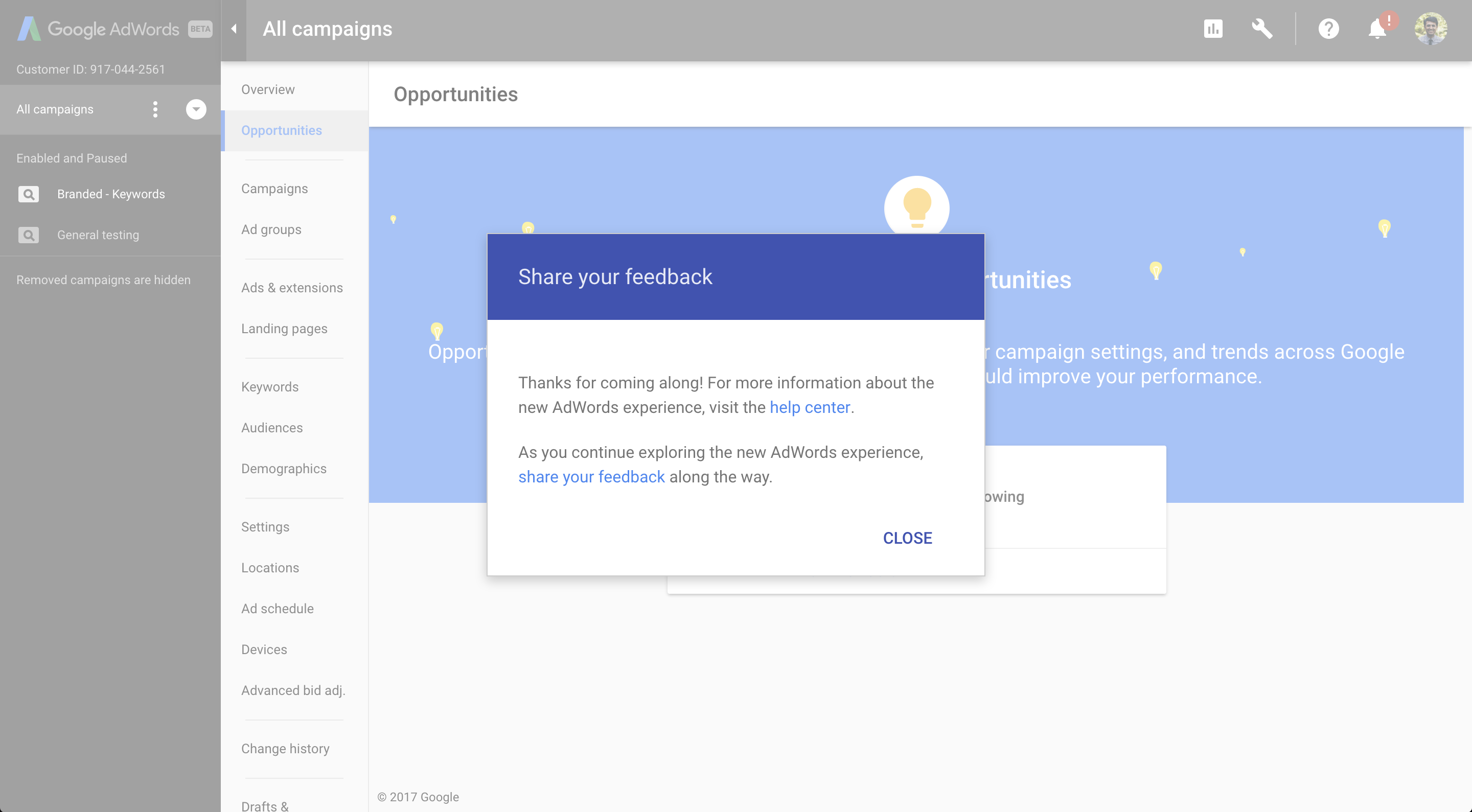 A closing step in Google AdWords' onboarding tooltip tour, inviting users to share feedback about the new AdWords experience.