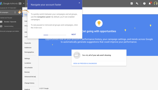 A step in a Google AdWords onboarding tour teaching users to navigate their account.