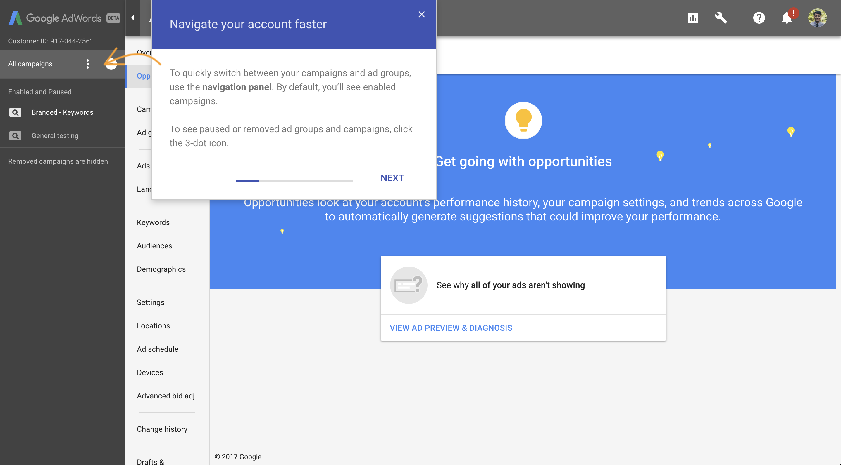A step in a Google AdWords onboarding tour teaching users to navigate their account.