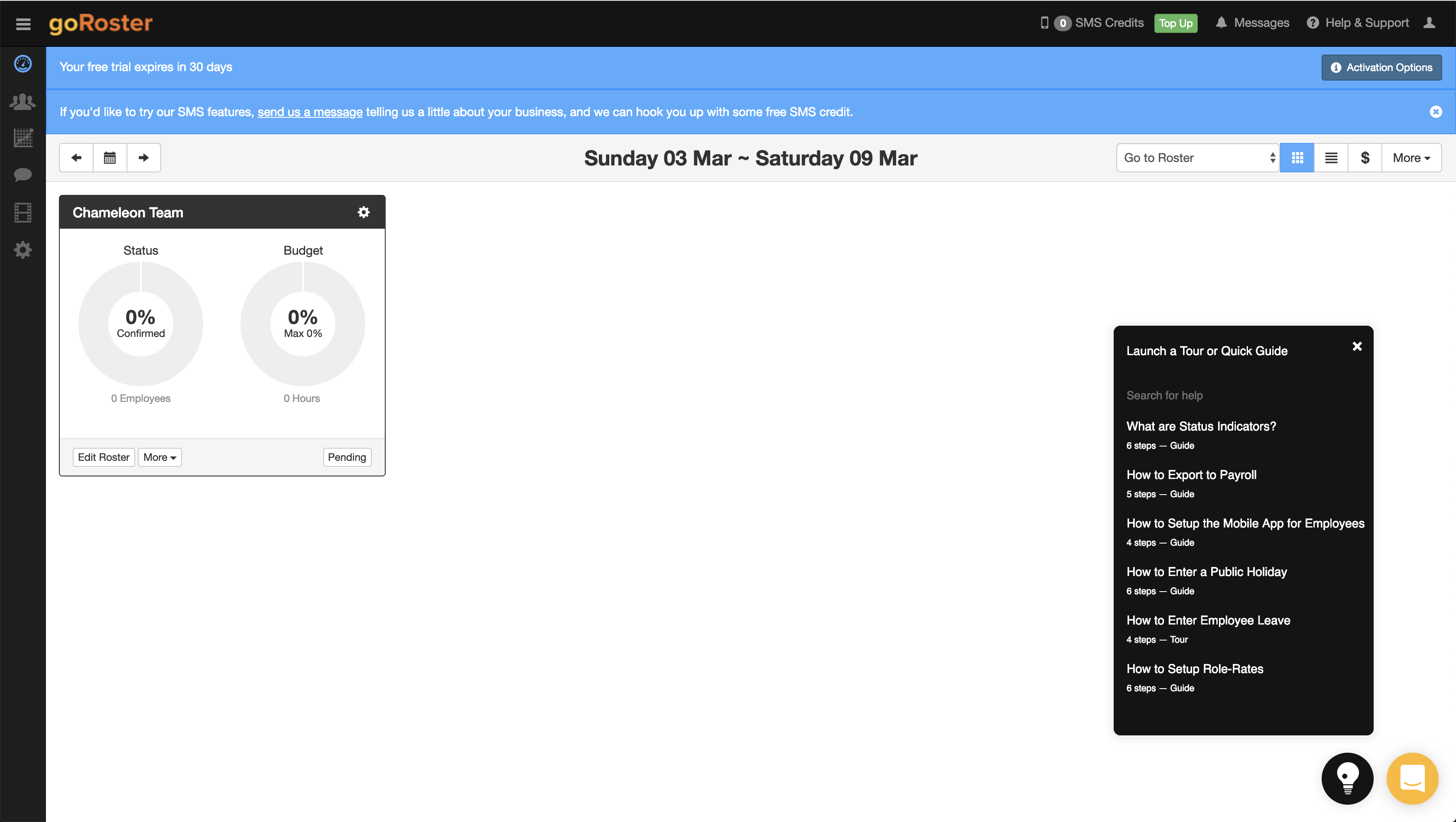 A GoRoster self-serve launcher panel displaying a browsable list of guided tours and walkthroughs for onboarding and feature adoption