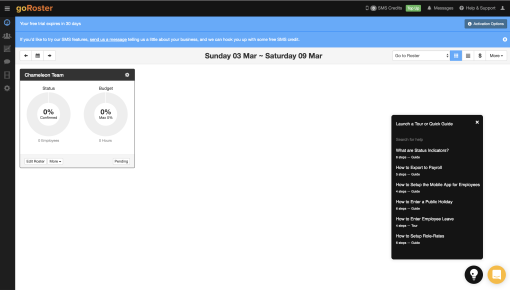 A GoRoster self-serve launcher panel displaying a browsable list of guided tours and walkthroughs for onboarding and feature adoption