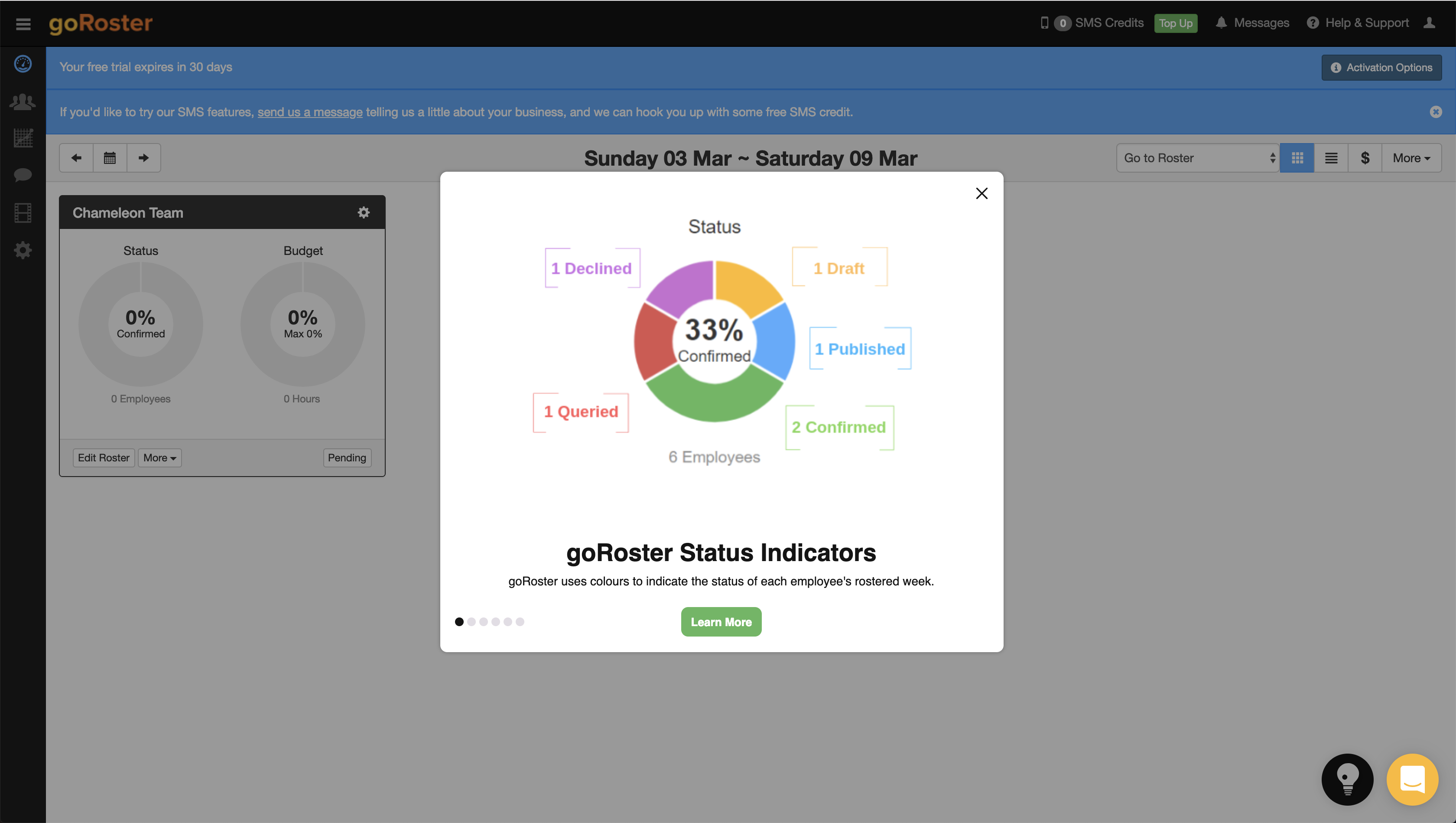 A GoRoster product tour step introducing the product's color-coded status indicator system, with a donut chart and a 'Learn More' CTA.