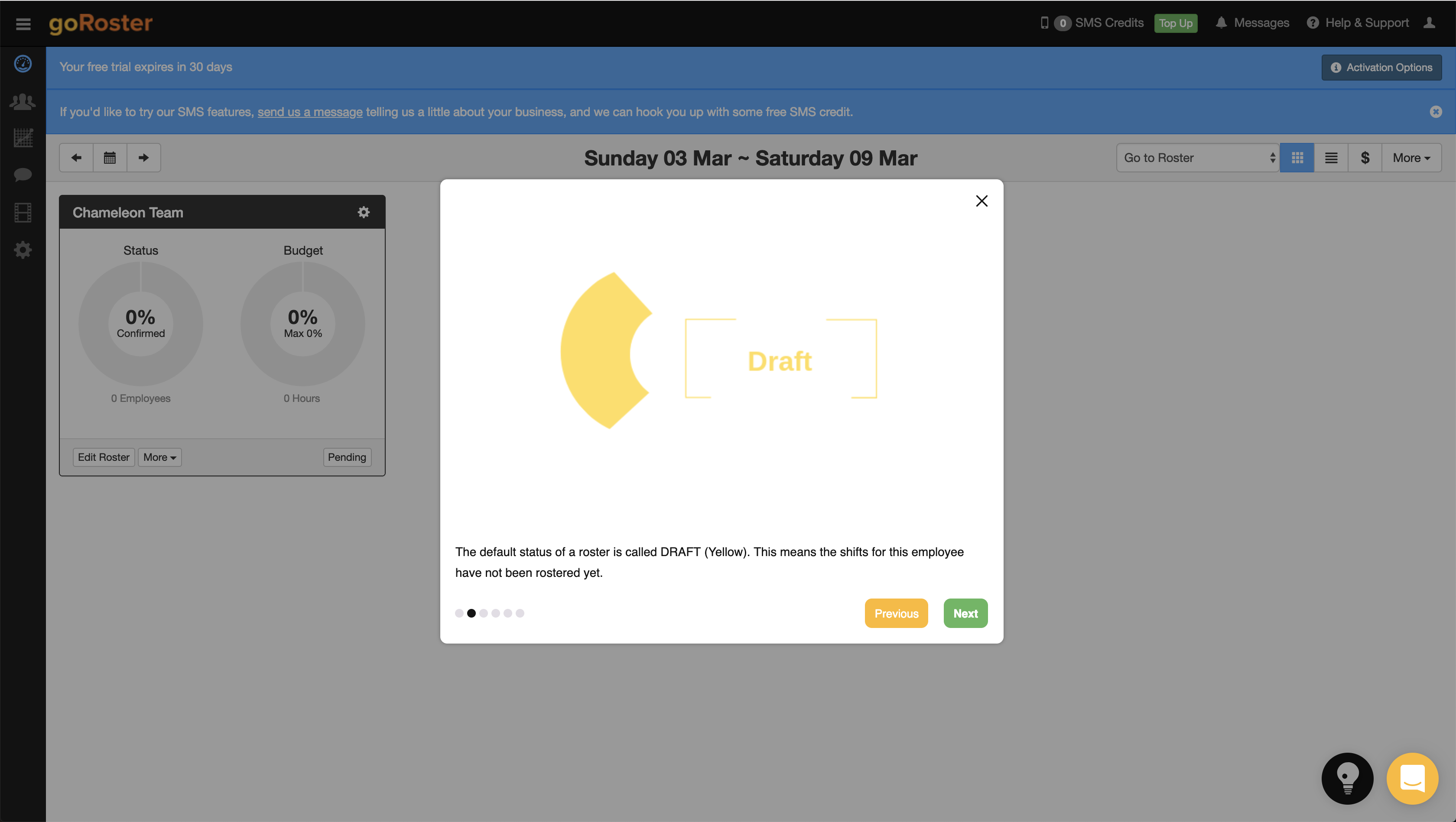A step in a GoRoster product tour explaining a status category, with a colored illustration and explanatory text.