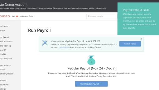 A Gusto Demo Account interface showcasing an onboarding tooltip informing trial users about a new feature