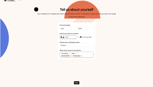 A folk CRM onboarding screen asking users to provide personal details, choose between Team or Personal CRM use, name a workspace, and select intended use cases.