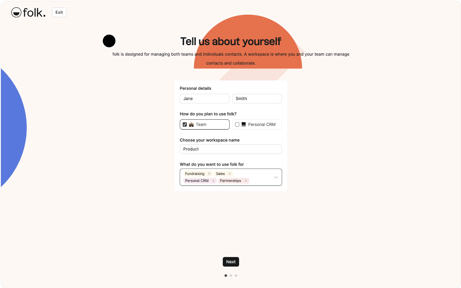 A folk CRM onboarding screen asking users to provide personal details, choose between Team or Personal CRM use, name a workspace, and select intended use cases.