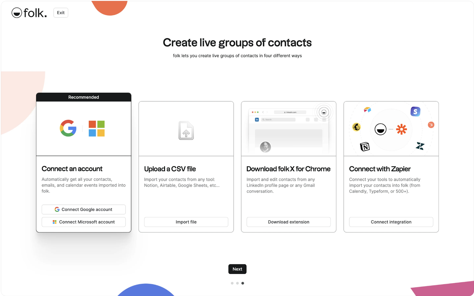 A step in folk's onboarding walkthrough presenting four ways to import contacts into the app.
