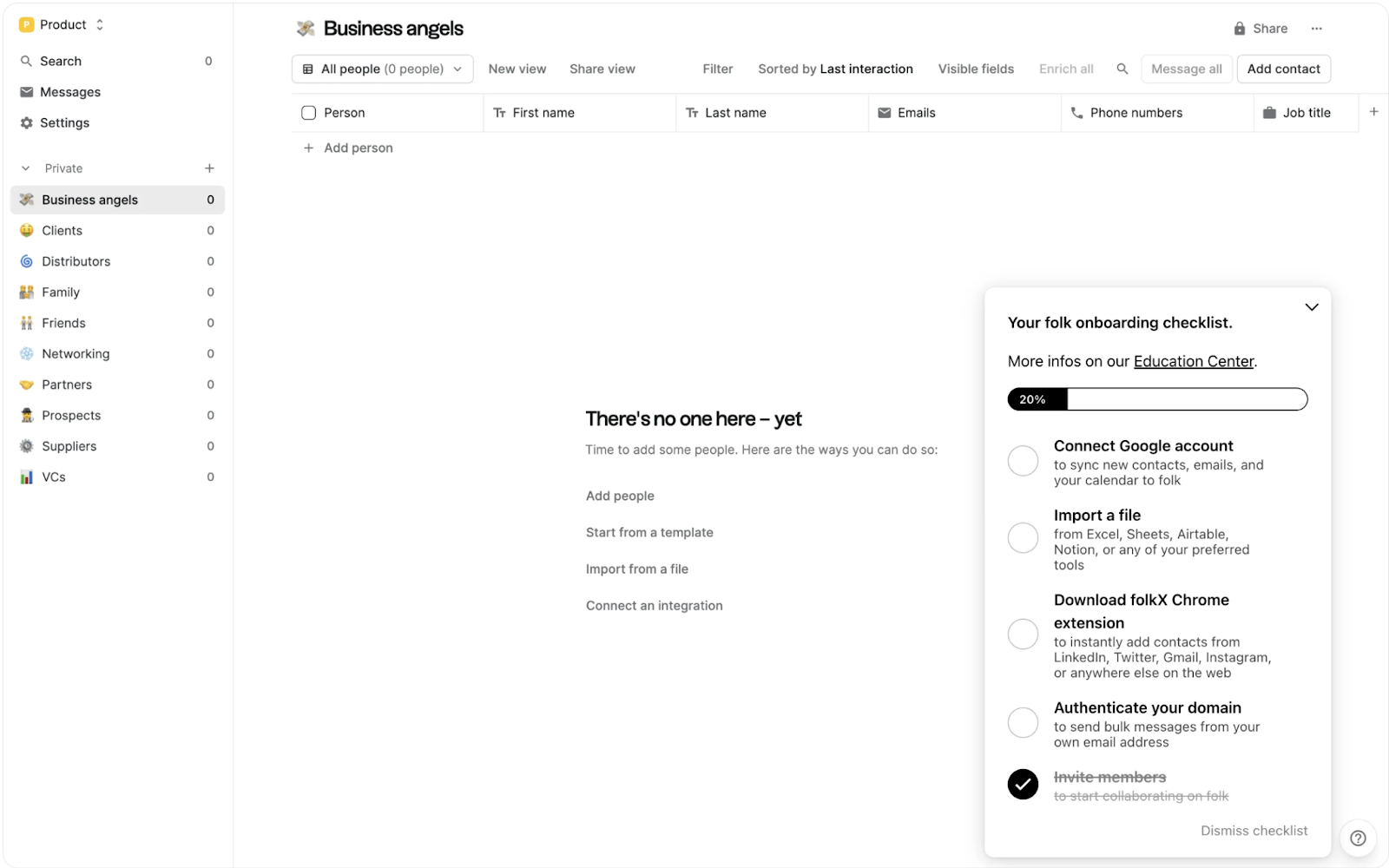 The folk CRM contact list in an empty state, with an onboarding checklist panel showing setup tasks at 20% completion.