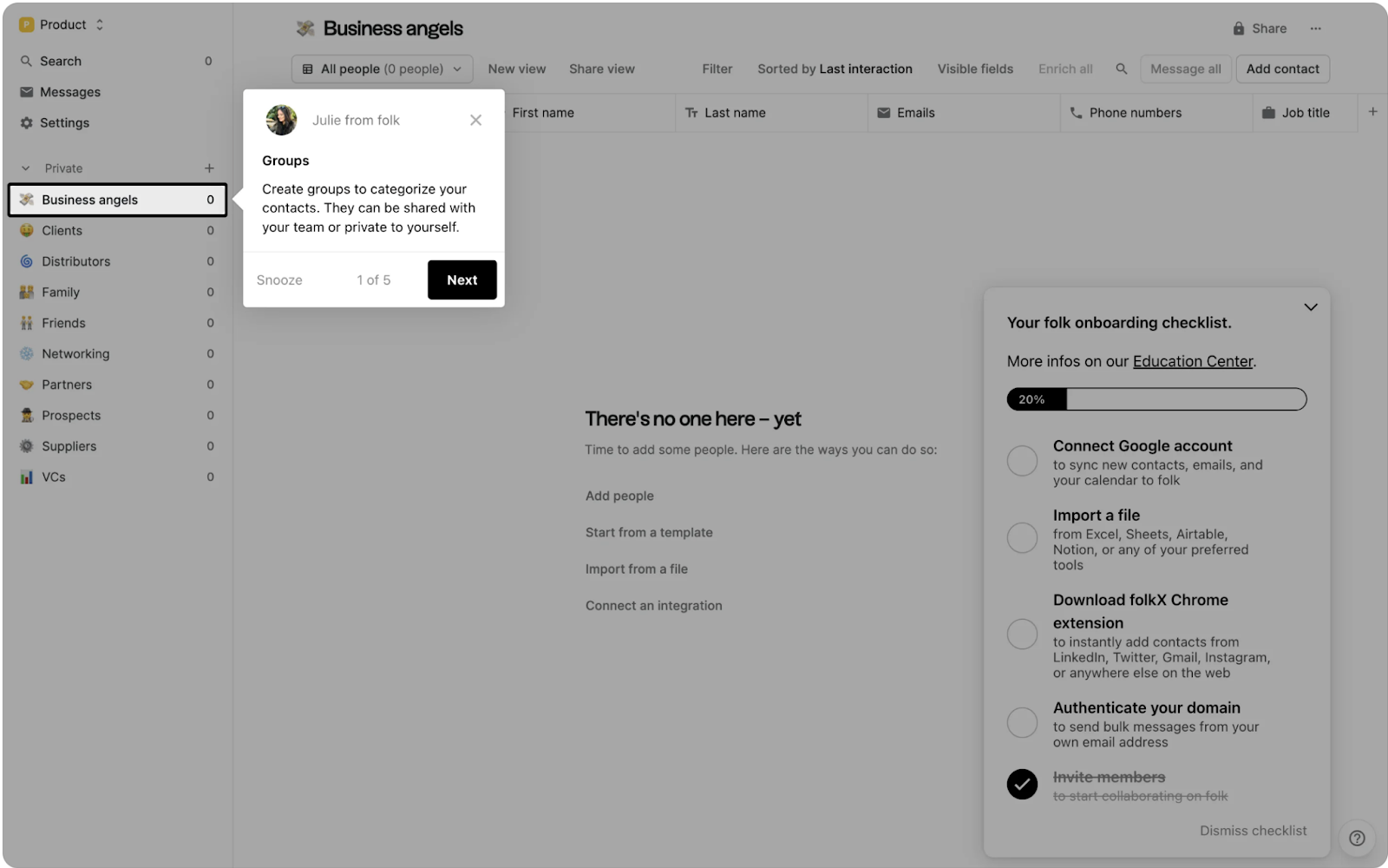 A folk product tour step introducing the contact groups feature.