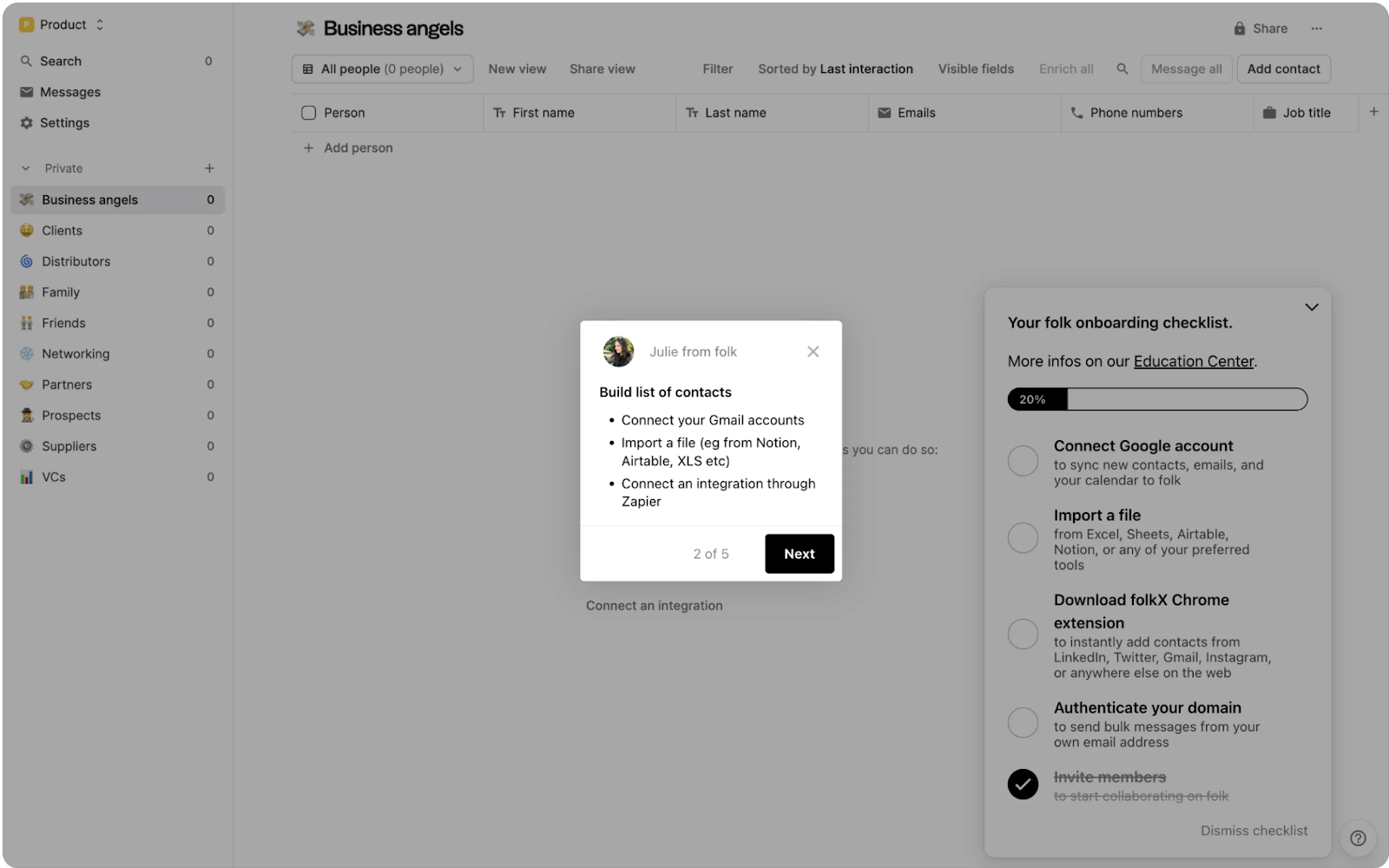 A step in a folk product tour guiding users to build a contact list.