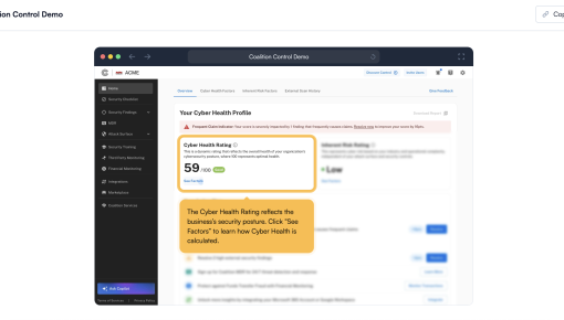 An interactive demo of Coalition's Coalition Control security hub, guiding users through the Cyber Health Rating feature.