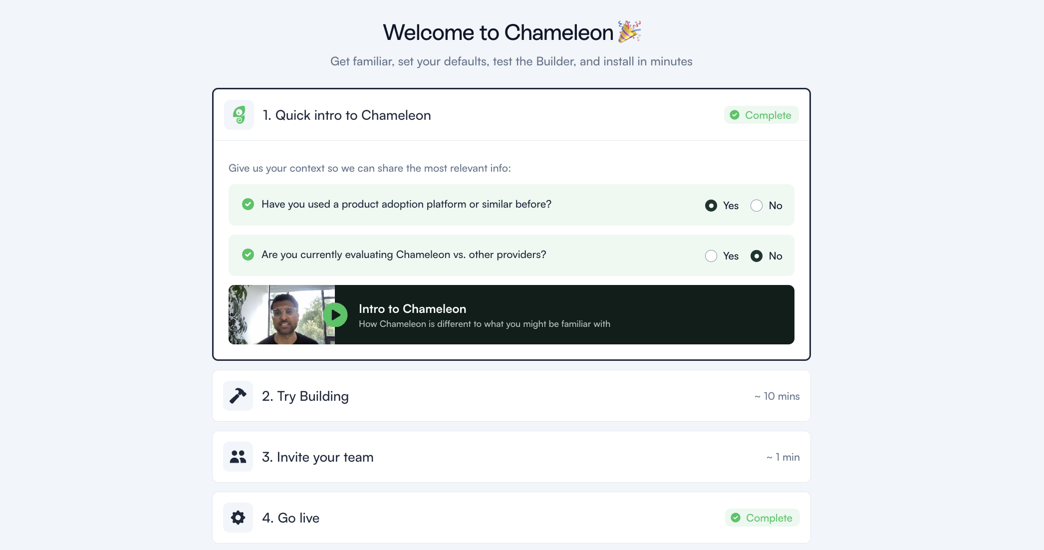 The Chameleon dashboard's Get Started page, showing a four-step accordion checklist with the first step expanded to reveal onboarding questions and an intro video.