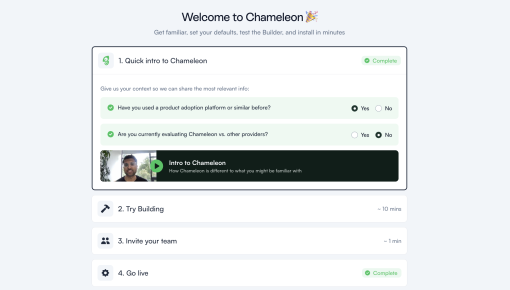 The Chameleon dashboard's Get Started page, showing a four-step accordion checklist with the first step expanded to reveal onboarding questions and an intro video.