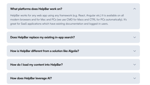 An FAQ accordion with one expanded question showing a platform compatibility answer and four collapsed questions below.