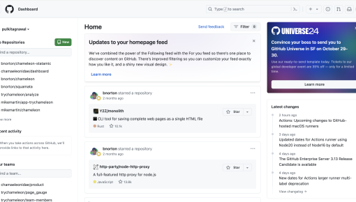An embedded promotional card in the GitHub dashboard promoting a developer conference.