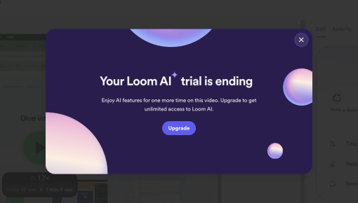 Loom's upsell modal over a dimmed video editor, with the heading 'Your Loom AI trial is ending' and a purple 'Upgrade' button.
